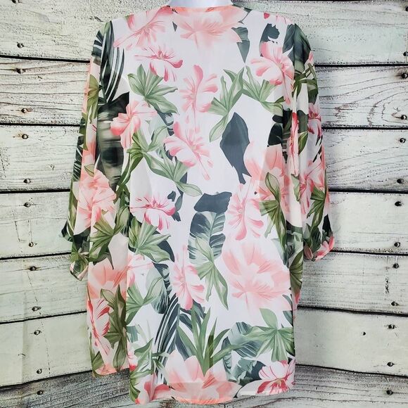 Women’s Floral Sheer Kimono Cardigan Size Small Open Front Tropical Print Chiffo - Picture 3 of 6